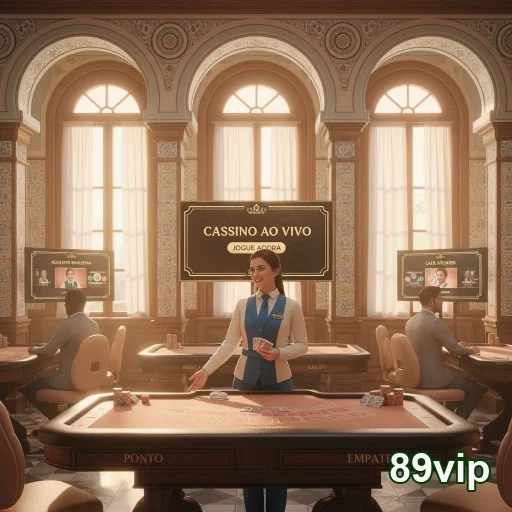 Cenário de cassino ao vivo na 89vip com crupiê e mesas.