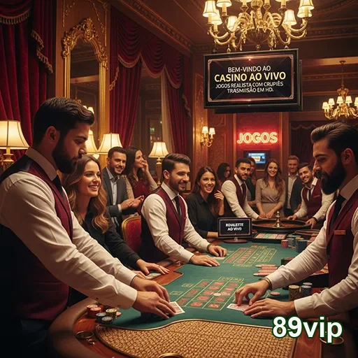 Jogadores e crupiês em mesa de cassino ao vivo no 89vip.