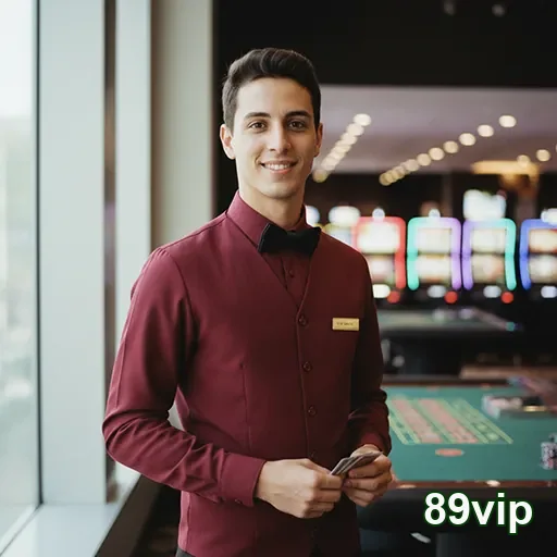 Atendente sorridente da 89vip em ambiente de cassino.