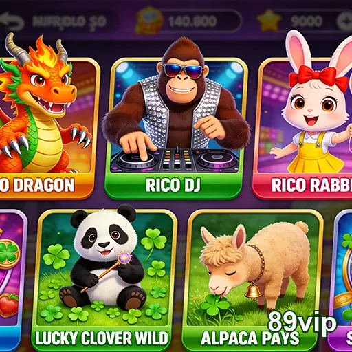 Interface do 89vip com slots vibrantes e personagens carismáticos.